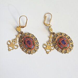 1930s Art Nouveau Czech Red Glass Brass Filigree Drop Dangle Earrings Floral